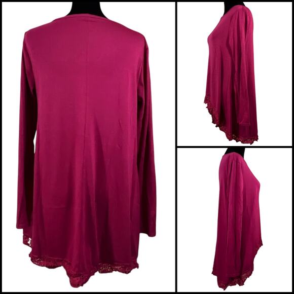 Crochet Accent Tunic Top Scoop Neck Asymmetrical Hem Long Sleeve Large Burgundy - Picture 4 of 11